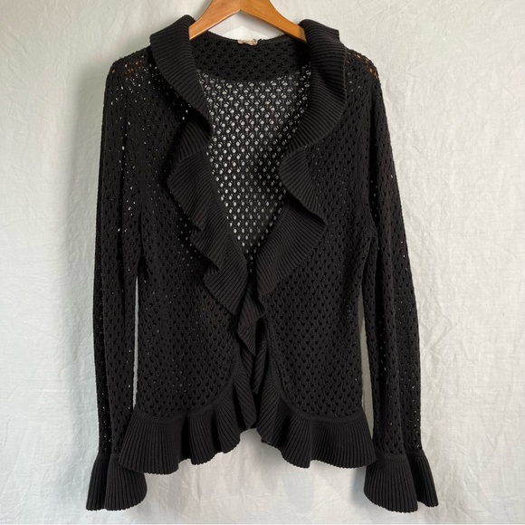 Sweaters - Black lacy mesh crocheted knit ruffly one button waterfall open cardigan sweater